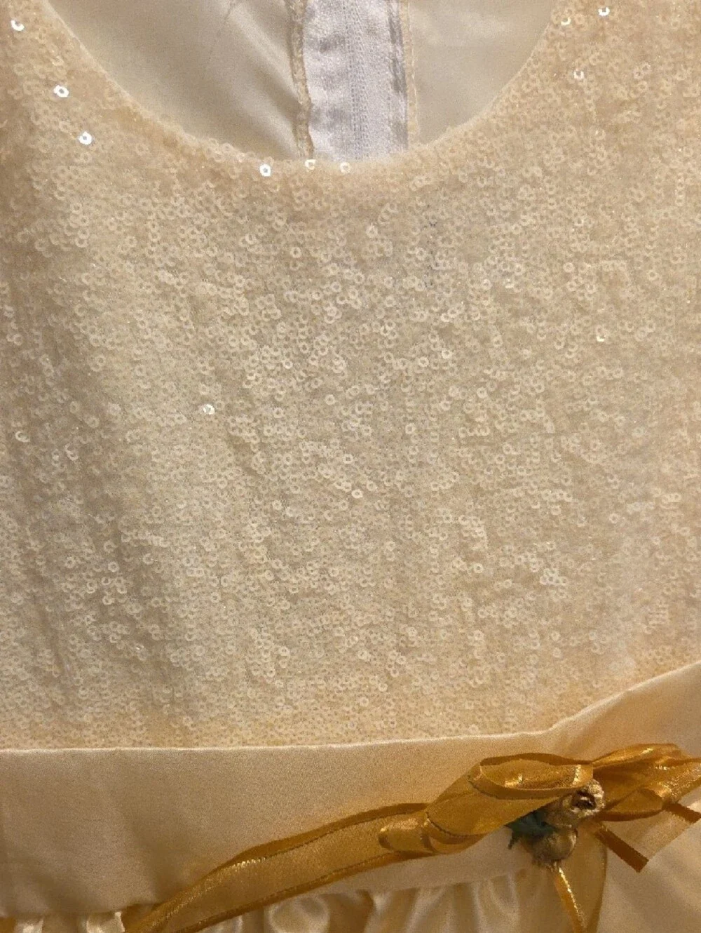 Girls Cream Satin and Sparkle Dress with Gold Bow - Picture 2 of 4